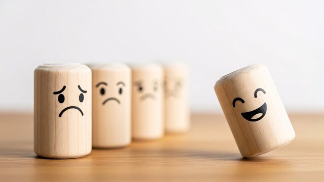 Happy and sad wooden dice with emotional expressions on a wooden surface representing mood and emotion concepts for psychological or educational use