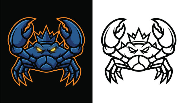 A fierce blue crab wearing a golden crown, depicted in a cartoonish, aggressive style, with a contrasting black and white outline version.