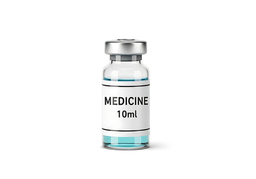 Injection vial with blue liquid, labeled "MEDICINE 10ml", for medical use, isolated on transparent background.