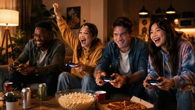 Friends Celebrating Victory Playing Video Games Together