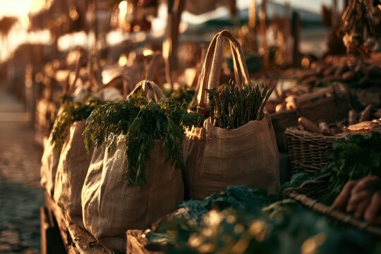 Burlap bags filled with fresh produce at an outdoor market stall during golden hour.