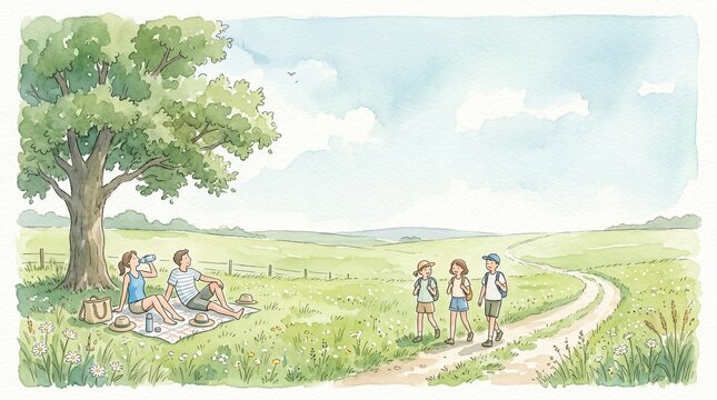 A family enjoys nature with parents picnicking under a tree and children walking a field path