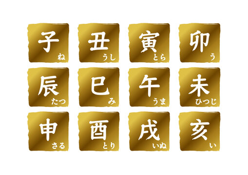 十二支の漢字とひらがなが入った金色のアイコンセット