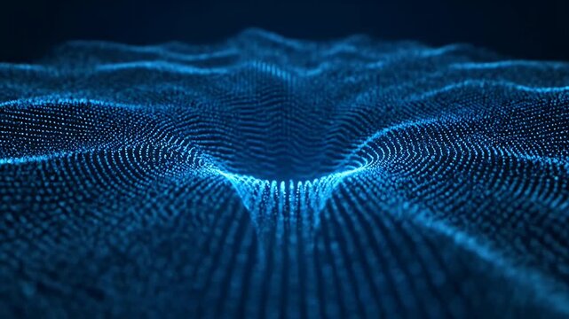 Blue digital particle wave flowing into a glowing vortex on a dark blue tech surface