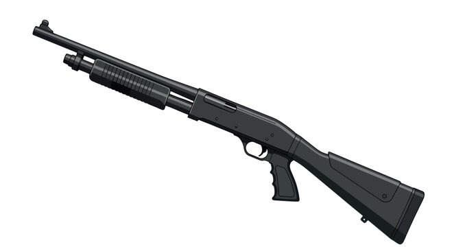 A modern black tactical shotgun with a pistol grip and pump-action mechanism shown in a clean side profile view, isolated on a white background for clear firearm representation.