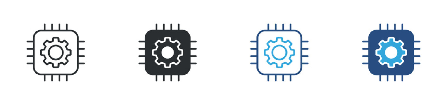 System processor icon set. microchip with gear symbol. computer settings and hardware management concept. vector illustration.