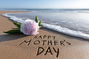 Obraz premium Happy Mothers Day message written on sandy beach with pink peony flower and ocean wave, peaceful and heartfelt holiday greeting scene