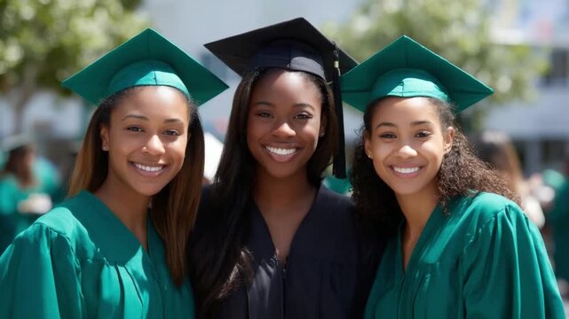 A joyful graduation scene featuring three friends in caps and gowns. Their smiles radiate achievement and friendship. Perfect for celebrating education milestones. AI