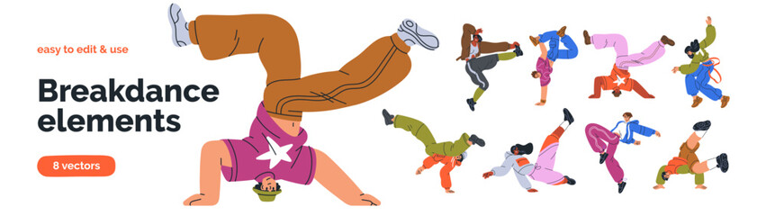 Naklejka premium Breakdance, street style set. Young people in cool poses, urban youth culture. Male and female dancers performing hip-hop moves, dancing to music. Flat vector illustration isolated on white background