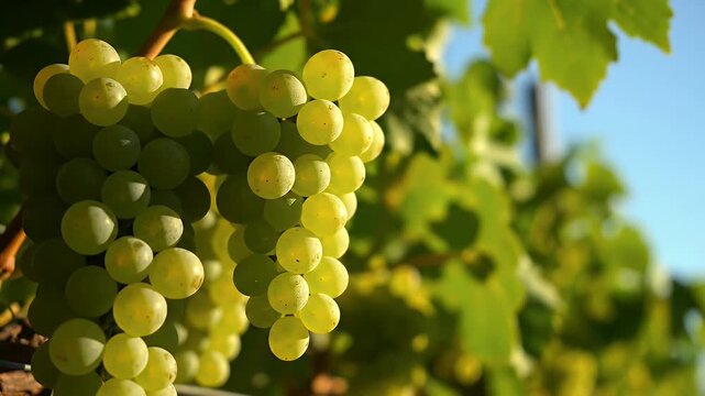 ripe white wine grapes hanging on a vine in a sunny vineyard under a bright blue sky