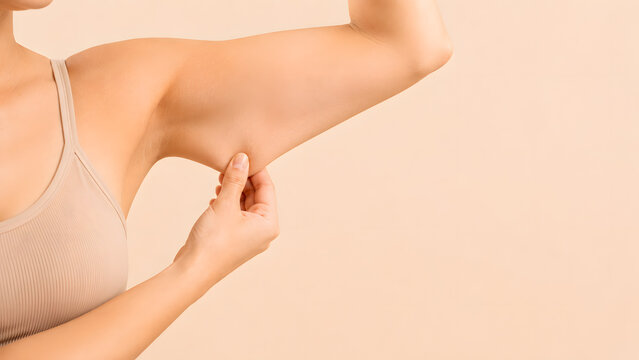Close-up of woman's hand pinching arm fat, flabby underarm skin tightening and body contouring concept with massive copy space on beige background.