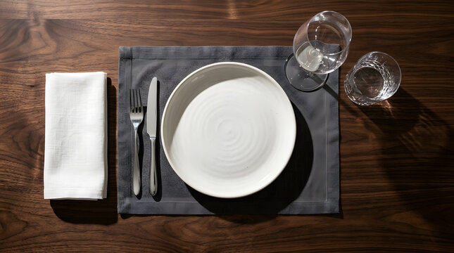 Overhead view of a formal table setting with white plate cutlery napkin