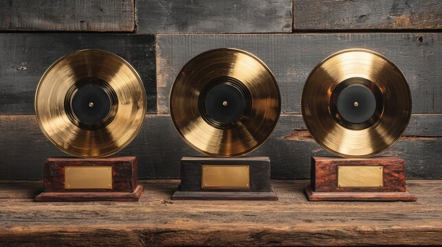 Three golden records with blank plaques displayed on wooden planks