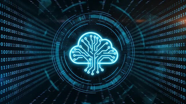 Cloud computing technology icon glowing in a digital binary code data tunnel concept