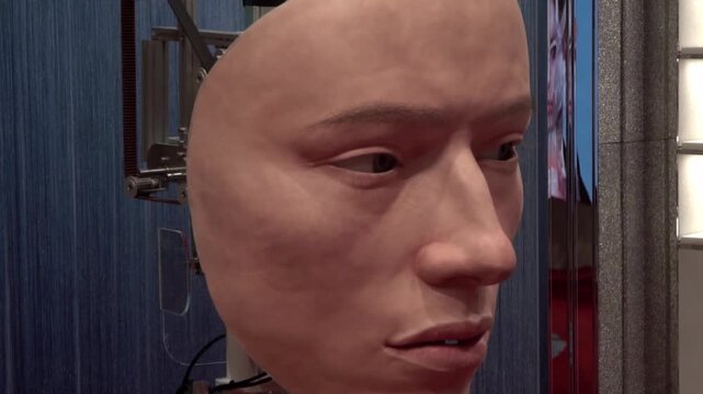 The face of a humanoid AI android robot moving.