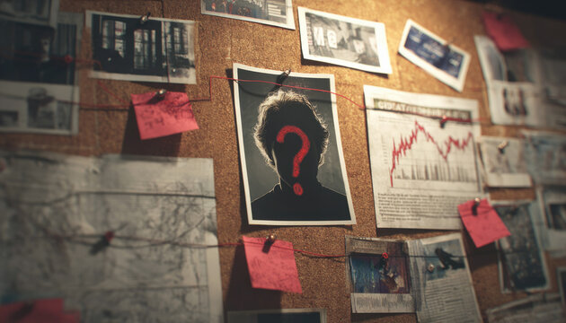 A mystery investigation board shows a silhouetted portrait with question mark, red strings, photos, notes, maps, and financial chart.