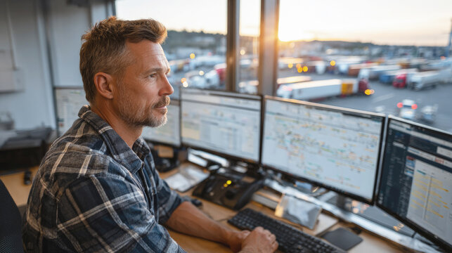 A logistics operator monitors multiple screens in a control room overlooking a busy transport yard at sunset.