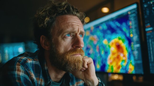A middle-aged Caucasian man with a beard looks at a large computer screen displaying a colorful heat map.