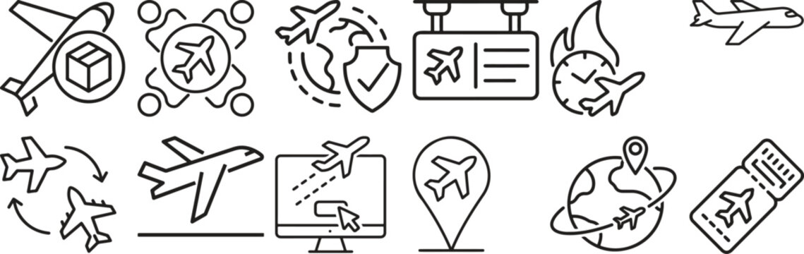 Black and white line collection of diverse animals, and symbols line animals bird