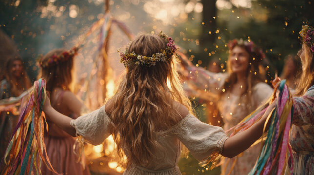 Young woman wearing a flower crown dances in a circle with fellow performers during joyful Beltane festival celebrations, honoring spring, tradition and community.