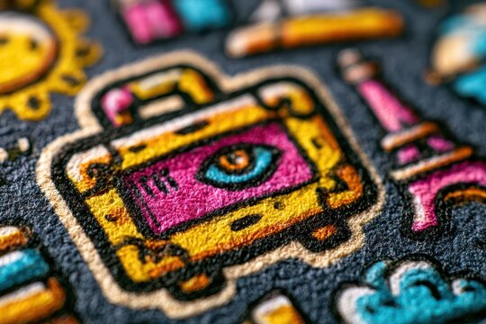 Close-up macro shot of colorful embroidered travel icons including a suitcase with an eye and the Eiffel Tower.