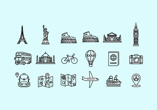 travel and landmarks icons travel Travel and Adventure Set Illustration