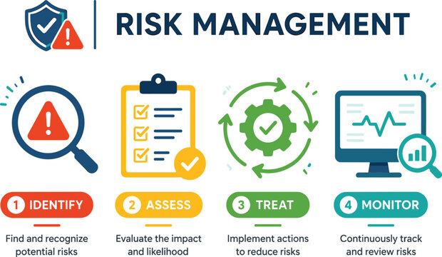 Risk management process flowchart with icons steps identify assess treat monitor on transparent background vector.