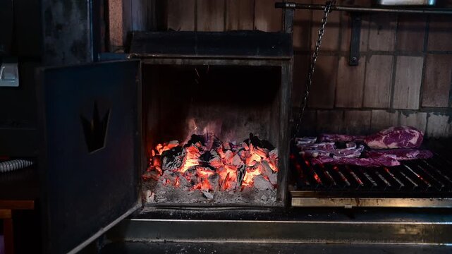 Meat cuts cooking on a professional charcoal grill