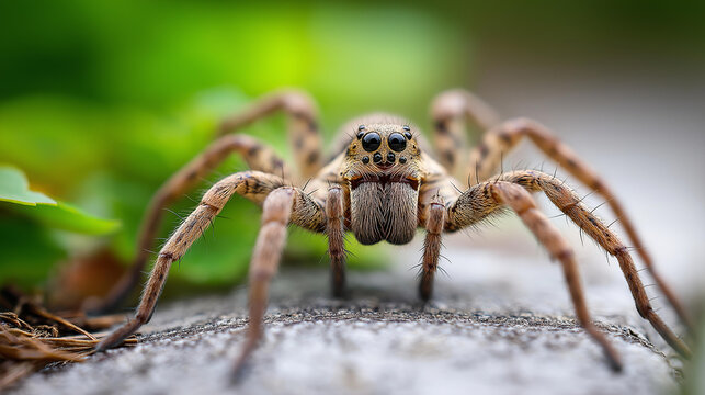 Close-up of a wolf spider on a natural surface showing detailed eye and leg structure, arachnid macro photography concept, spider portrait, nature close-up, defocused background, with copy