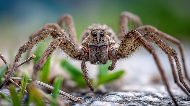 Close-up of a wolf spider on a natural surface showing detailed eye and leg structure, arachnid macro photography concept, spider portrait, nature close-up, defocused background, with copy