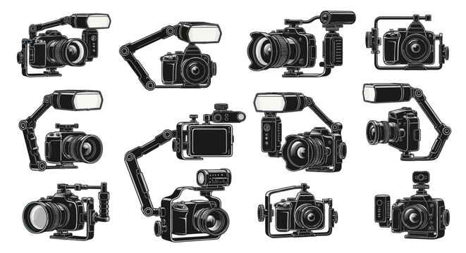 Professional camera rigs with flashes and underwater housing vector collection