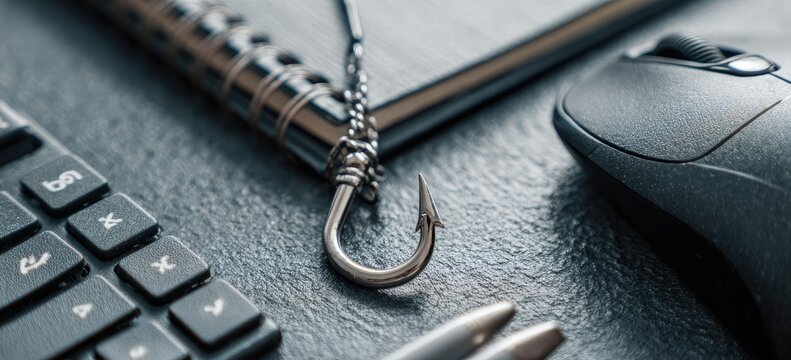 A fishing hook dangles over a keyboard, notepad, and mouse