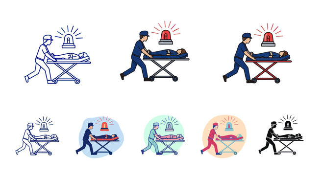Emergency medical service icons set with paramedics pushing patients on stretchers