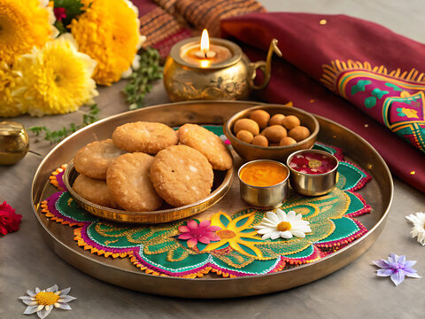 Karwa Chauth mathri and sweets on decorated thali, realistic Indian festival setting