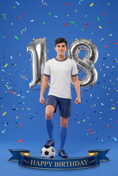 Happy 18th Birthday Football Soccer Card with 3D Cartoon Teen Player in White Kit and Silver Foil Balloons