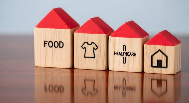 Wooden Toy Houses Representing Basic Human Needs