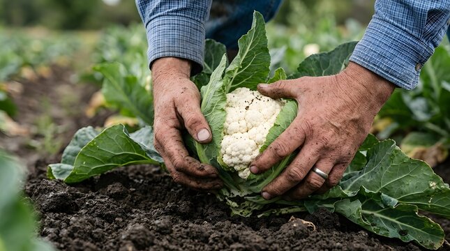 Farmer holding a fresh cauliflower plant in the soil of a vegetable garden