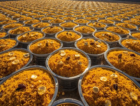 Rows of traditional Indian sweet dish Zarda prepared in individual bowls for a large gathering or festival.