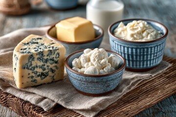 Fototapeta premium Assortment of fresh dairy products including blue cheese, butter, cottage cheese, and milk.
