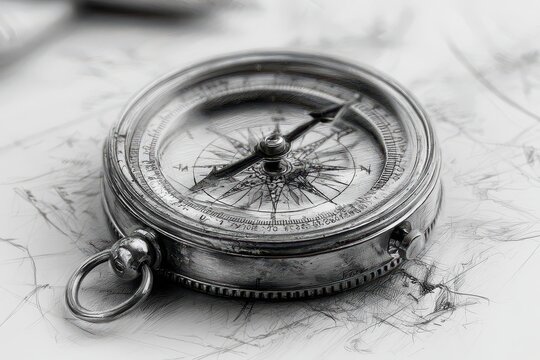 Vintage brass compass resting on a sketched map, symbolizing exploration, direction, and adventure.