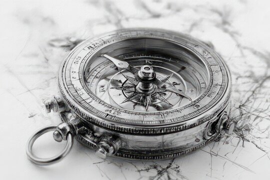 Vintage silver compass with intricate details, resting on a sketched map, symbolizing exploration and direction.