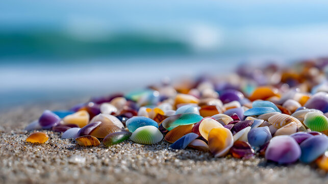 Close-up of multicolored river shells scattered on sand beside the sea, coastal macro photography concept, seashell texture, beach natural still life, with copy space