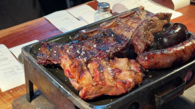 Argentinian asado with assorted grilled meat on a brasero