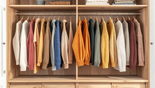 A colorful row of casual shirts and business jackets hanging on a retail rack inside a fashion store closet wardrobe