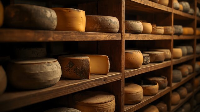 Aged Cheese Wheels on Wooden Shelves in a Traditional Maturing Cellar.