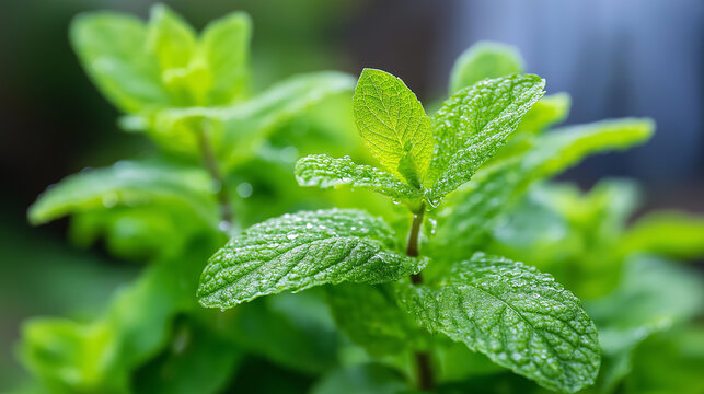 Close-up of fresh peppermint leaves showing green texture and droplets, herb macro photography concept, aromatic plant close-up, kitchen garden botanical, defocused background, with copy