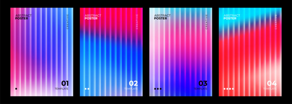 Abstract Posters Collection. Ripple glass effect. Smooth fluted vertical lines. Blurred backgrounds. Bright gradients. Defocused color templates for creative graphic design. Vector illustration.