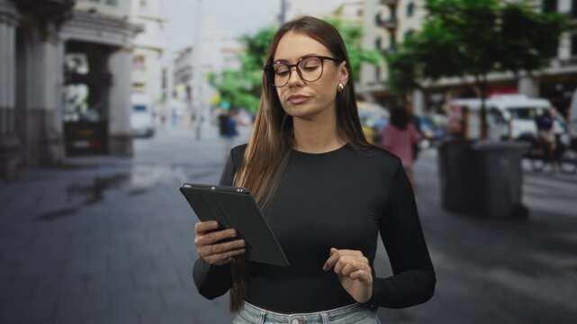 Young woman with long hair and glasses tapping tablet screen with fingers while standing on street near city buildings wearing black long sleeve shirt and jeans; concentration productivity.