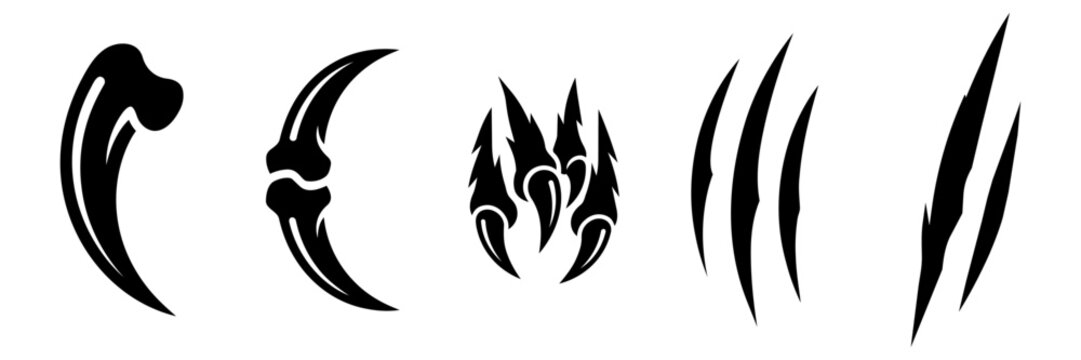 Claw and scratch mark vector set, animal talon and monster rip icons