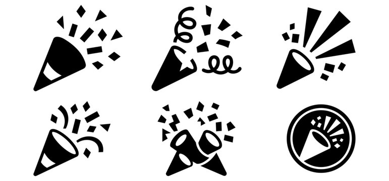 Party popper icon set with exploding confetti for celebration events